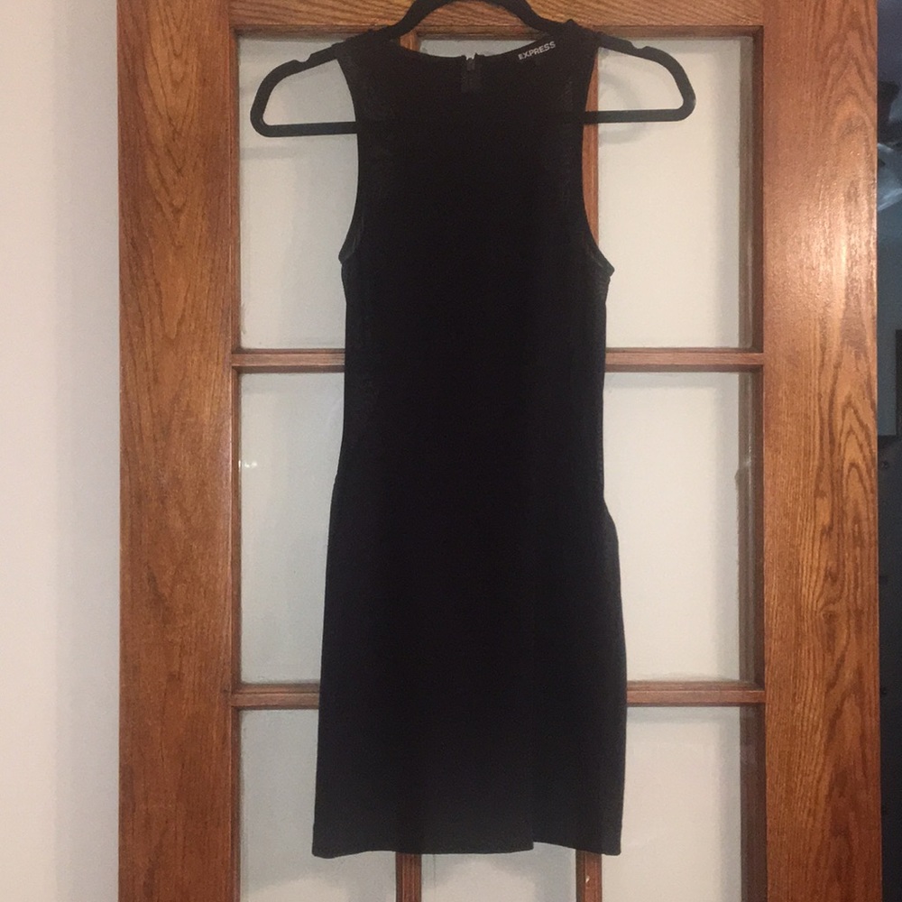 Black bodycon mini dress with mesh-side cutouts